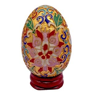 Vintage & Very Rare Chinese Gold Cloisonne Egg with Wood Stand Enamel
